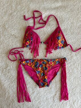Fringed Pink Multicolor Bikini Set